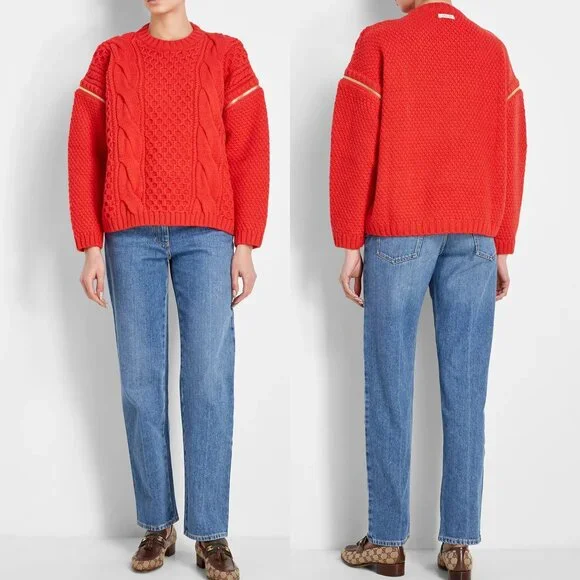 GUCCI SWEATER CABLE KNIT RED WOOL DETACHABLE SLEEVES JUMPER sz M - Picture 4 of 15